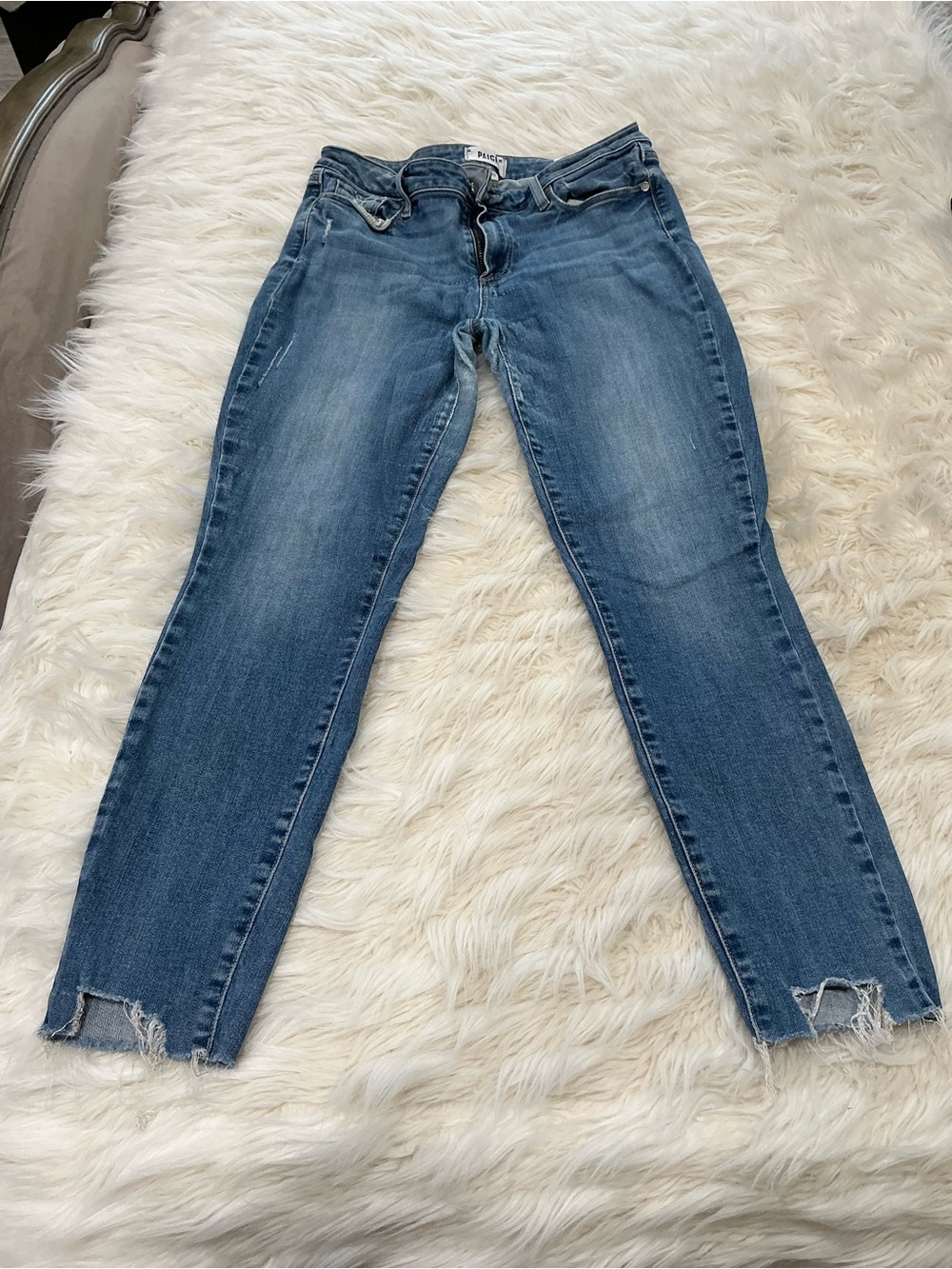 PAIGE Medium Blue Cropped Distressed Ankle Jeans